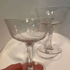TWO Vintage etched glass footed dessert/parfait glasses